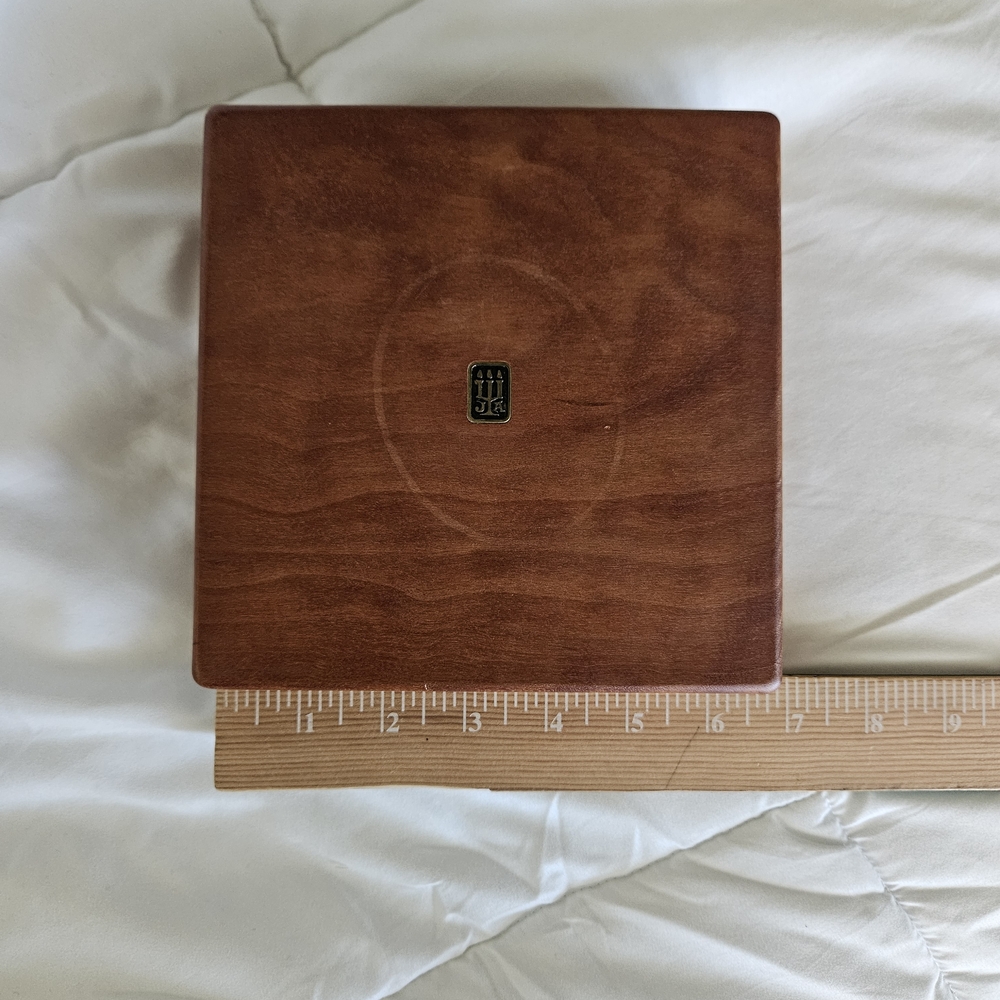 Wooden Jewelry or Keepsake Box with Small Metal Emblem - Brown